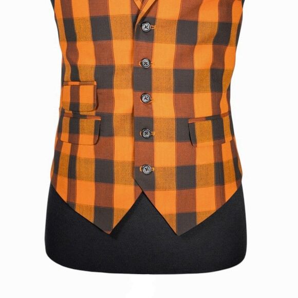 Mens Waistcoat Suit Lapel Vest 40R Orange Green Plaid Check Formal Wedding Party - Picture 5 of 9